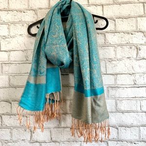PASHMINA Light Teal & Gold Fringed Scarf